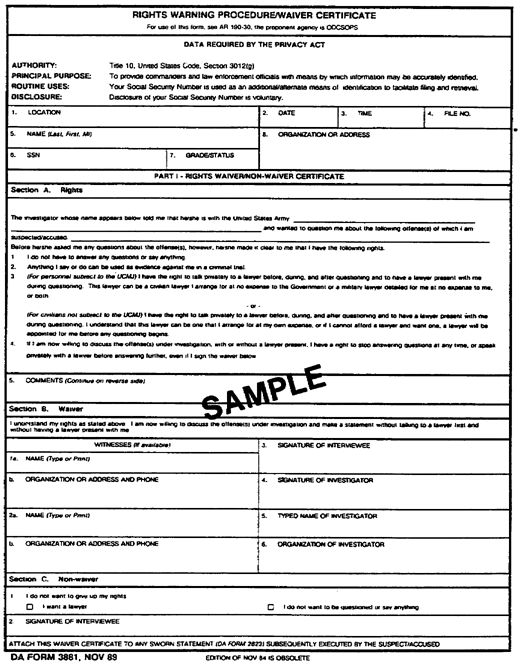 Figure 1-1. DA Form 3881, Rights Warning Procedure/Waiver Certificate, Front