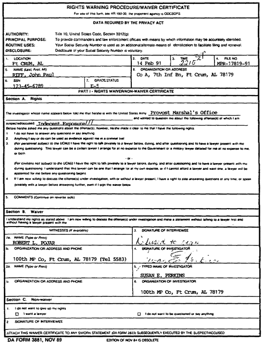 Figure 1-5. DA Form 3881, Rights Warning Procedure/Waiver Certificate, Front.