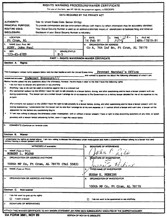Figure 1-6. DA Form 3881, Rights Warning Procedure/Waiver Certificate, Front