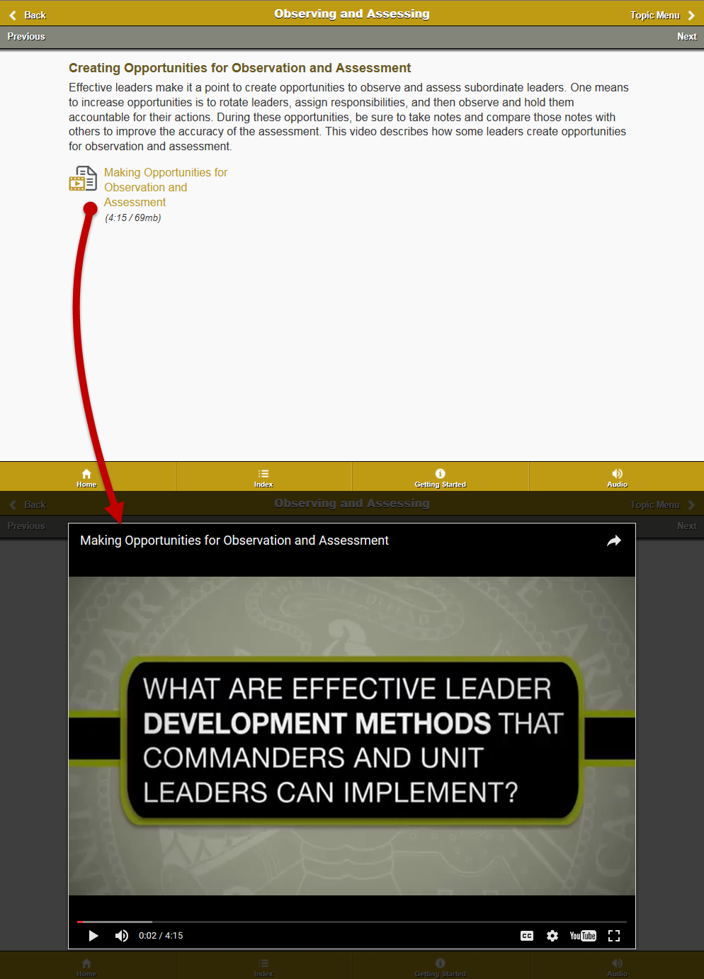 LeaderMap content pages, with the first page displaying a video title and the second page displaying the video player