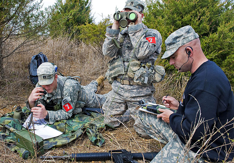 Three Soldiers work together during a Call for Fire event