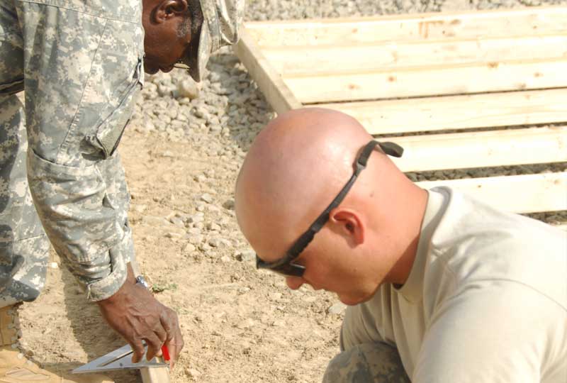 Two Soldiers measuring wood for construction