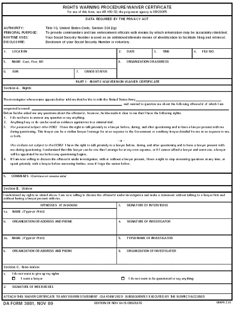 Figure 1.    DA Form 3881, Rights Warning Procedure/Wavier Certificate (Front).