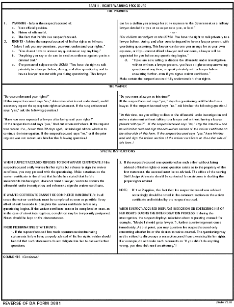 Figure 1.  DA Form 3881, Rights Warning Procedure/Waiver Certificate (Back).