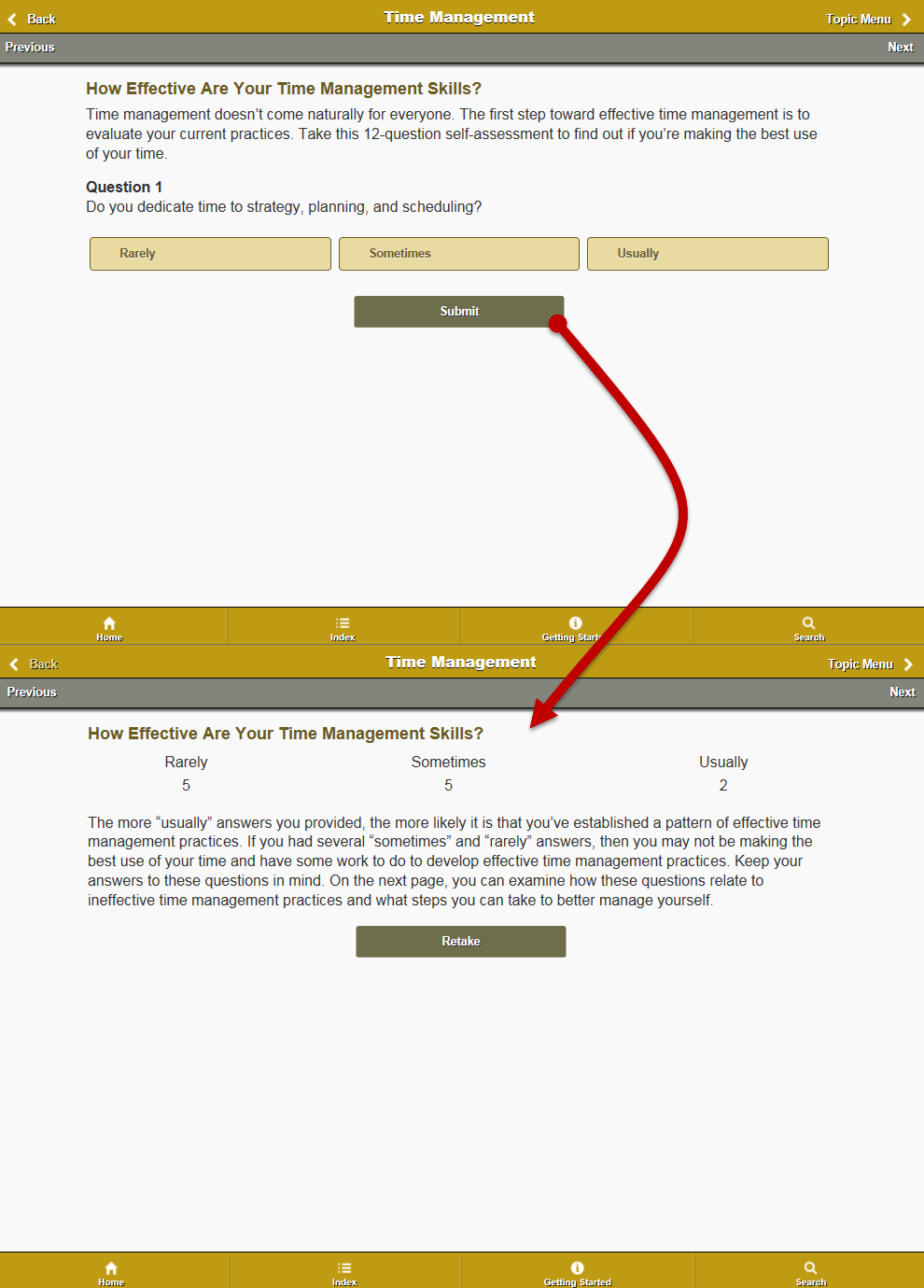 LeaderMap content page with an assessment page and the assessment results page