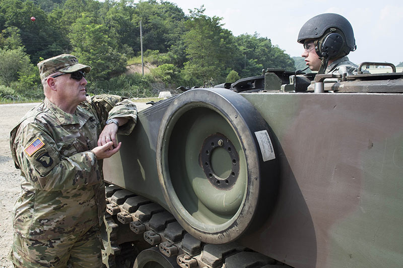 Chief of Staff speaking with Solider during his visit to South Korea 