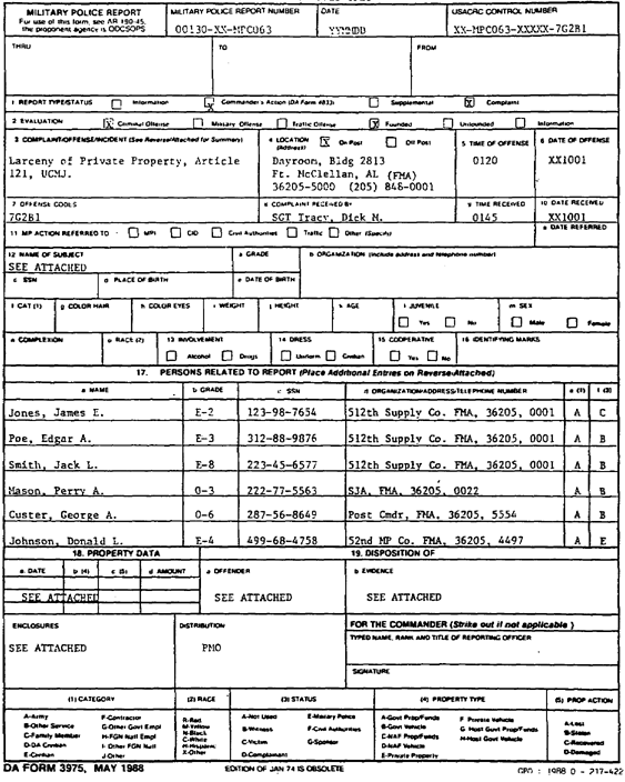 Figure 3-1. DA Form 3975. Military Police Report, Front.